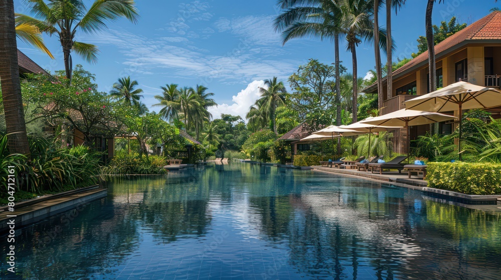The tranquil waters of a luxurious pool invite relaxation, surrounded by the lush tropical gardens of an exclusive resort The tranquil waters of a luxurious pool invite relaxation, surrounded by the lush tropical gardens of an exclusive resort