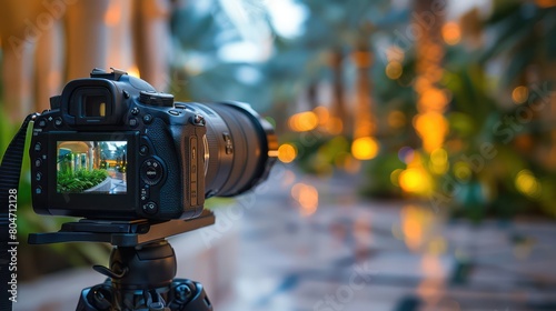 A professional DSLR camera set up on a tripod records the warm  vibrant atmosphere of a tropical resort amidst lush foliage