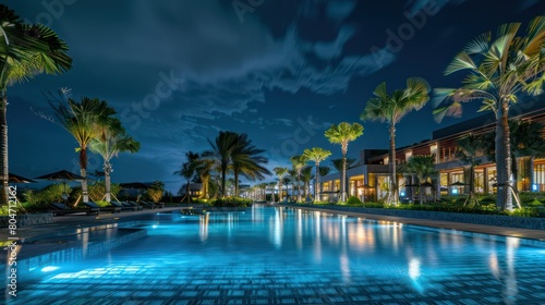 A stunning image capturing the serene ambiance of a luxury resort poolside enwrapped by nightfall showing illuminated palm trees