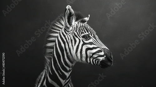   A monochrome image of a zebra with its head turned to the side