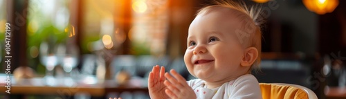 A joyous baby claps in a high chair in the kitchen, reveling in mealtime happiness photo