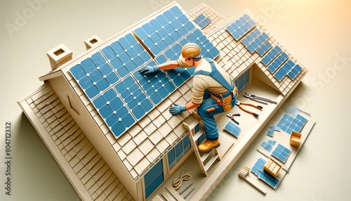 Detailed 3D Paper Art of a Construction Worker Installing Solar Panels