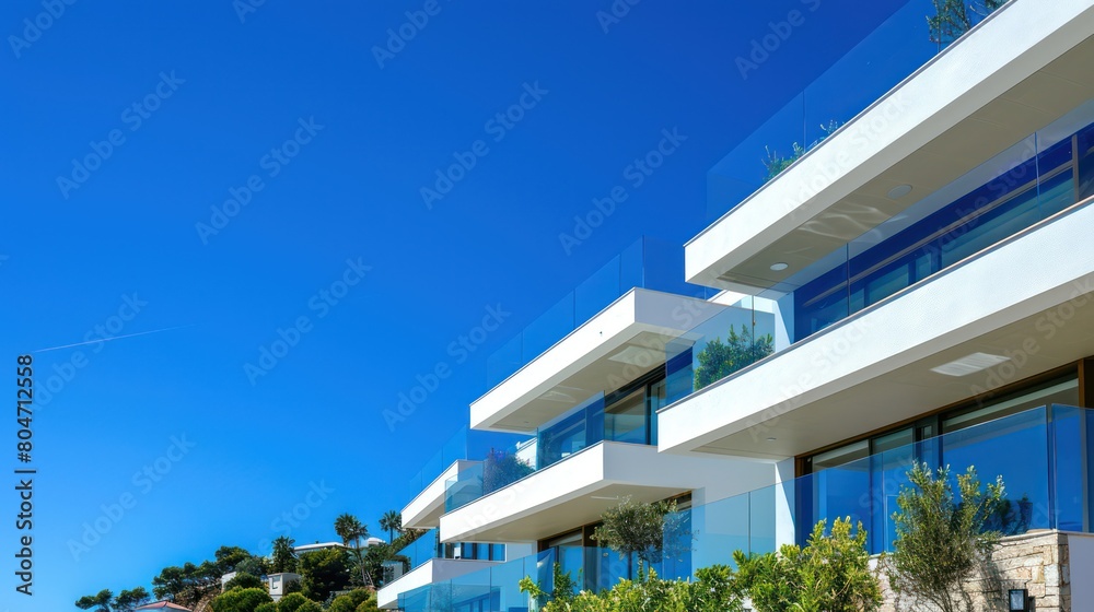 Obraz premium White, contemporary beachfront apartments with lush greenery under a brilliant blue sky illustrate opulence