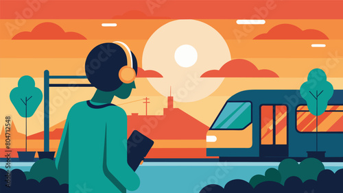 While waiting for their train a commuter watches the sunset and listens to a playlist of happy upbeat songs feeling grateful for the simple joys in.