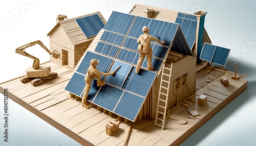 Crafted 3D Paper Artwork of a Worker Installing Solar Panels