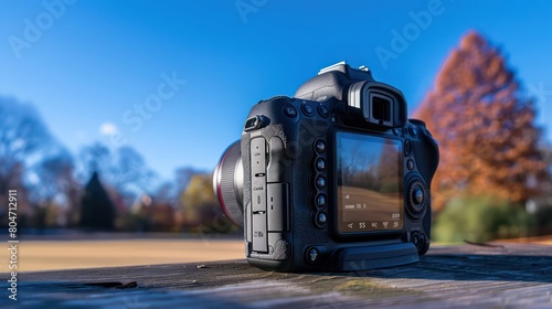 A professional DSLR camera set on a rustic wooden surface, with a blurred autumnal background