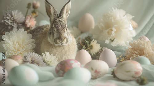 An enchanting Easter vignette featuring a lop-eared hare sitting among a cluster of pastel-painted eggs, with delicate flowers woven into its fur. Love and kindness, care and tende