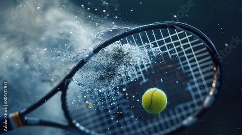 Freeze motion of tennis racket hitting the ball