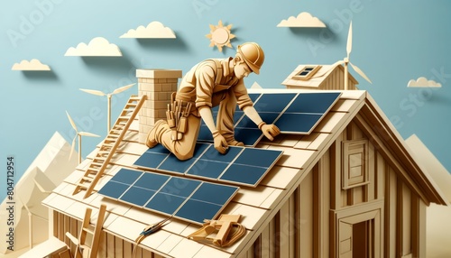 3D Layered Paper Art of a Construction Worker Installing Solar Panels