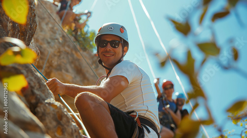 Employees enjoying a day of outdoor adventure activities, such as zip-lining and rock climbing, to build trust and teamwork. Stimulus and inspiration, respect and support, friendsh photo