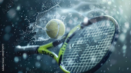 Freeze motion of tennis racket hitting the ball photo