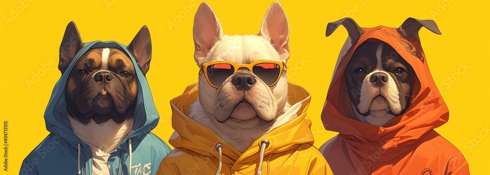 3 cute little dogs in colorful hoodies and sunglasses, yellow background, banner format 
