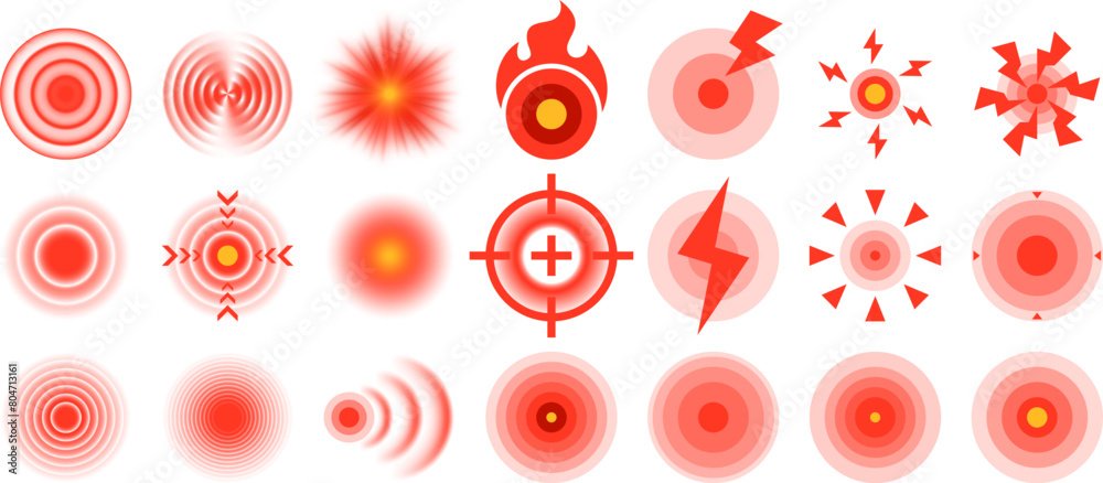 Pain source location. Red target ache mark and pain focus area symbols, sore spot indicator and hurt points isolated vector set
