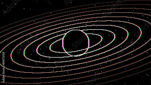 Retro pixel art solar system orbits. Cosmic background with 8-bit video game pixelated stars and planet rings. Digital space vector illustration