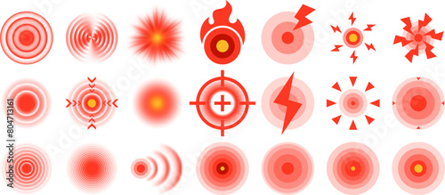 Pain source location. Red target ache mark and pain focus area symbols, sore spot indicator and hurt points isolated vector set
