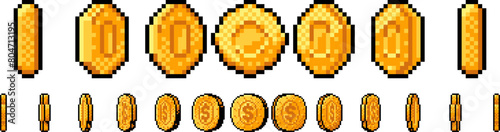 Animated pixel gold coin for 8-bit retro video game. Golden dollar cent 360 spinning animation loop frames, money for arcade gaming isolated vector illustration set