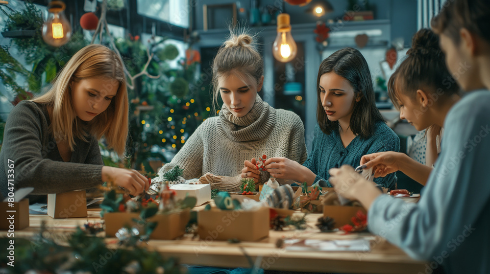 Employees hosting a DIY craft night, making handmade gifts and decorations to personalize their workspace. Stimulus and inspiration, respect and support, friendship and tolerance