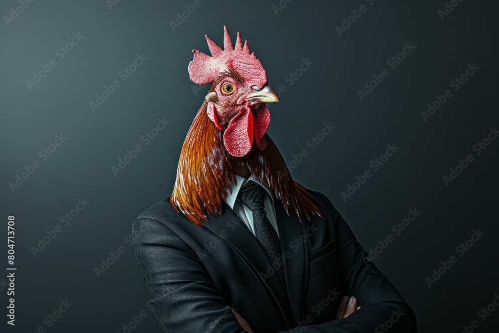 Intelligent Anthropomorphic rooster in business suit. Chicken farm. Generate Ai