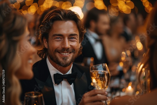 Attractive man in a smart suit with a champagne glass at an upscale social event, surrounded by people photo