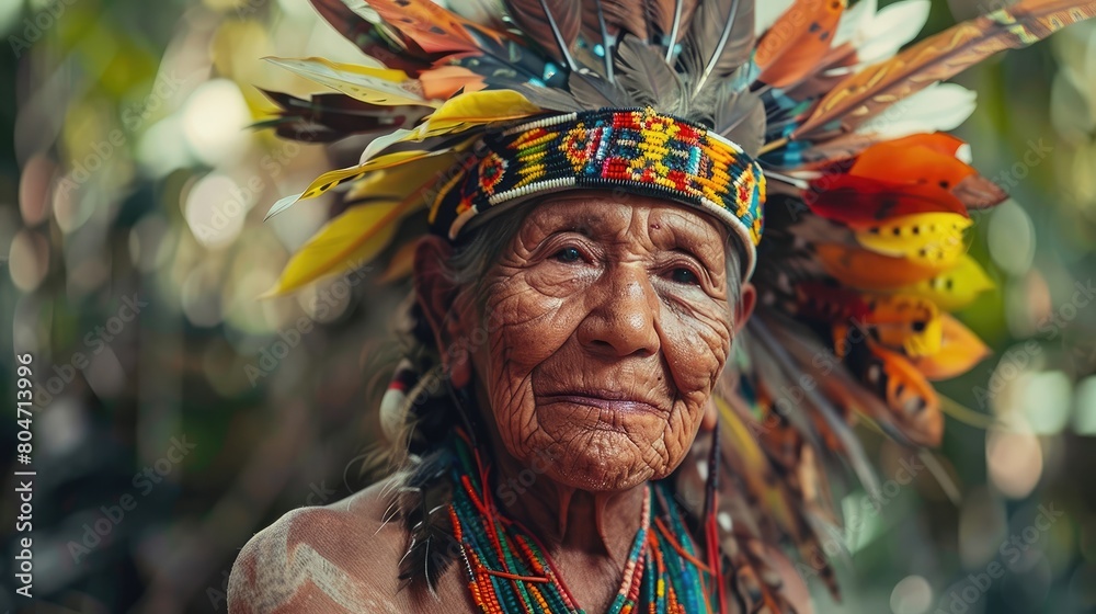 Generative AI image of a Amazon elder in traditional attire