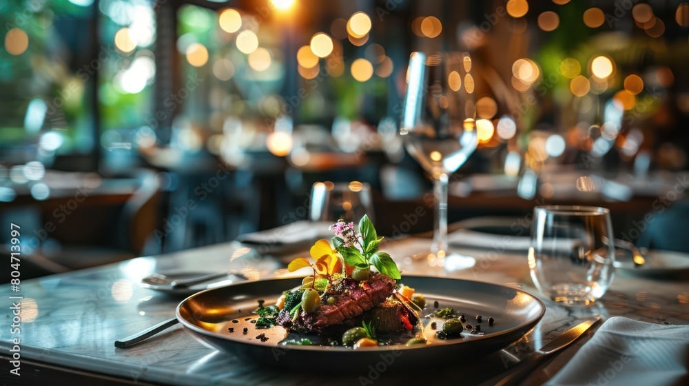 This is an exquisite restaurant scene with a beautifully plated gourmet dish, likely a steak, with garnishes This is an exquisite restaurant scene with a beautifully plated gourmet dish, likely a steak, with garnishes