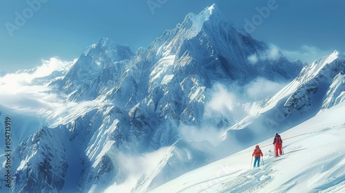 Two People Standing on Top of a Snow Covered Mountain