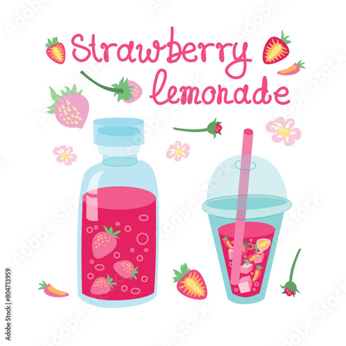 Cute strawberry lemonade vector illustration. Collection coctails with berry on a white background. Flat stickers with lettering.