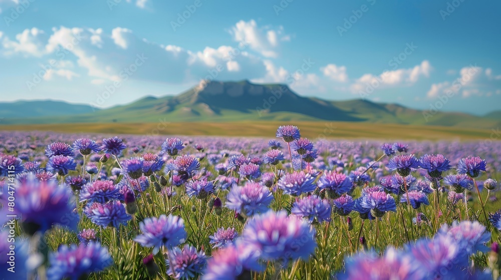 Mountain Rising Above Sprawling Field of Flowers