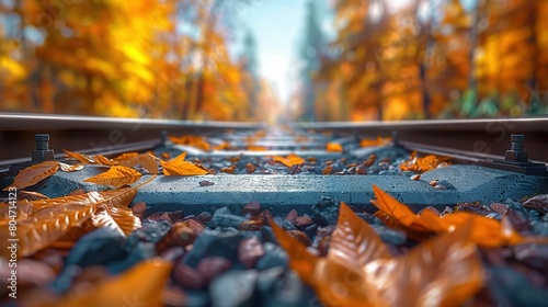  A train track surrounded by fallen leaves and a hazy image of trees and foliage on its sides