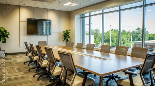 Bright and airy meeting room with a central conference table and wall-mounted TV for presentations