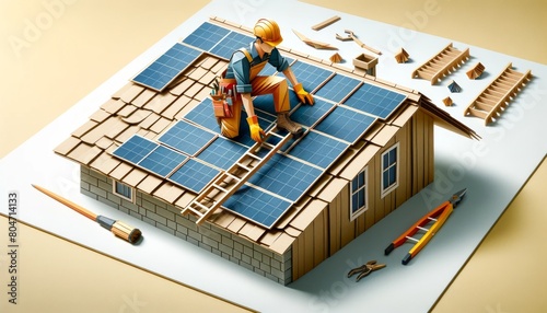 Crafted 3D Paper Artwork of a Worker Installing Solar Panels