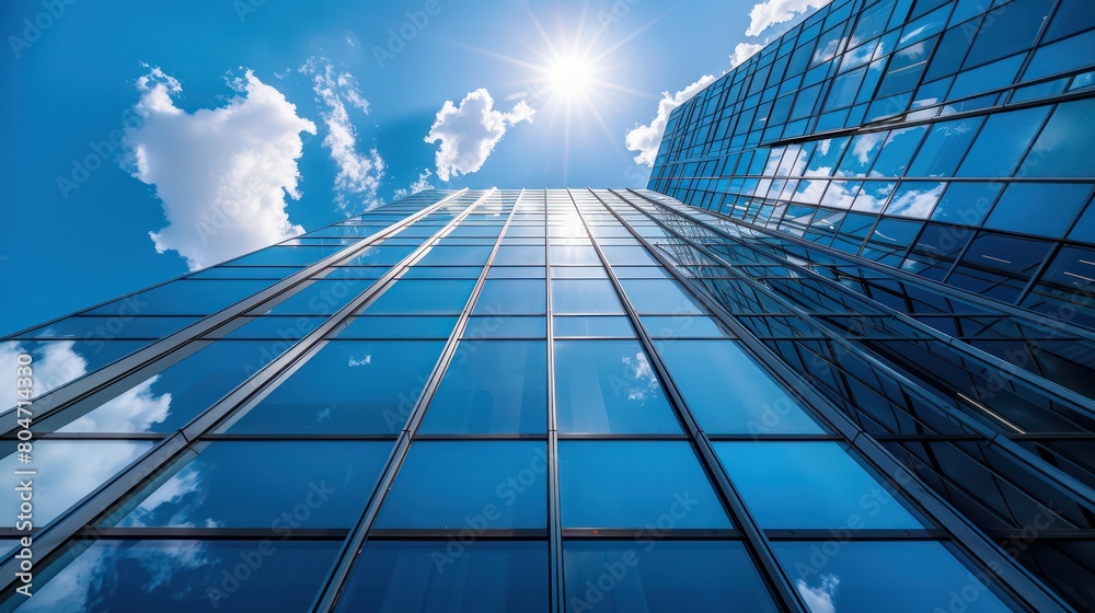 Obraz premium Looking up at a tall skyscraper reaching towards the sky, its reflective glass facade against the sunny backdrop