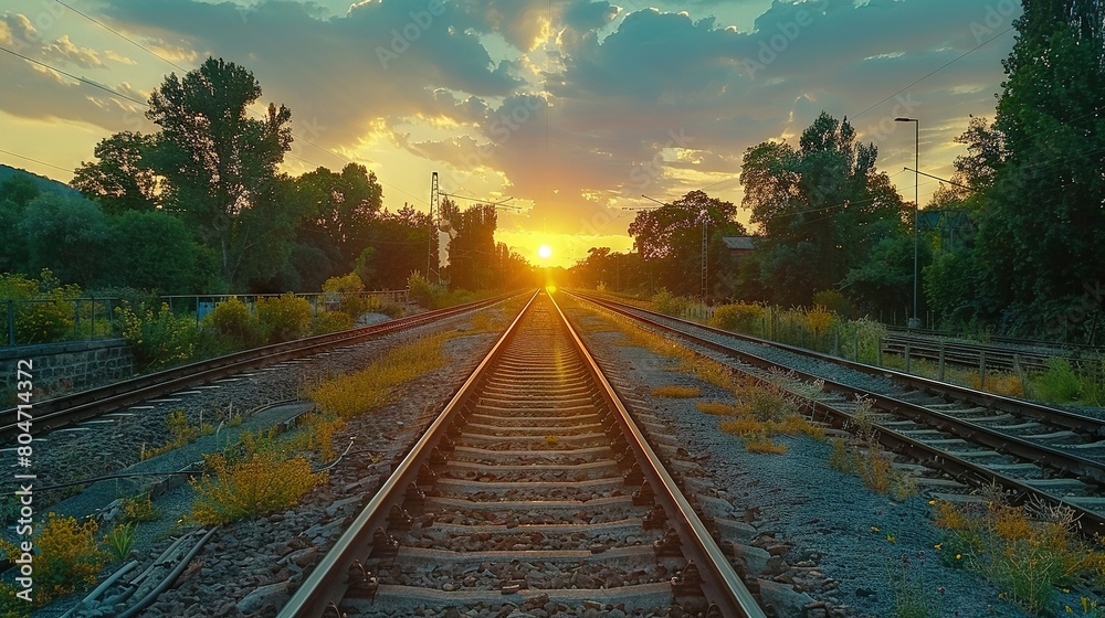 Obraz premium Train tracks at sunset, with the sun setting between them and trees in the background