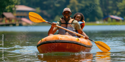 Father and Child Kayaking on Serene Lake. Father and young daughter enjoy a sunny day kayaking together on a calm lake, with lush scenery in the background. photo