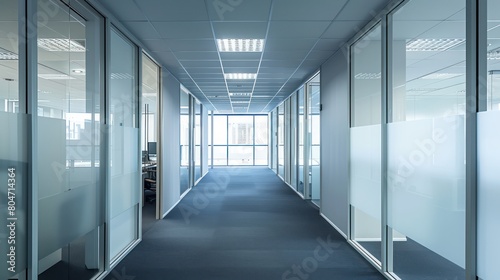 Spacious and empty office hallway with glass partitions reflecting natural light  creating an open feel