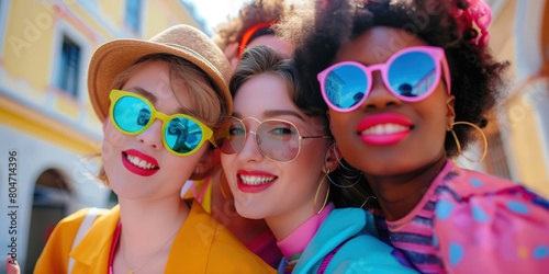 Summer Style Squad in Vibrant Streetwear. Friends gather for a selfie, flaunting eclectic streetwear and bold sunglasses, radiating joy and urban summer vibes.