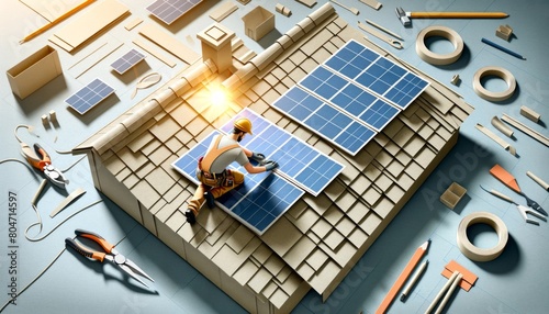 3D Layered Paper Art of a Construction Worker Installing Solar Panels
