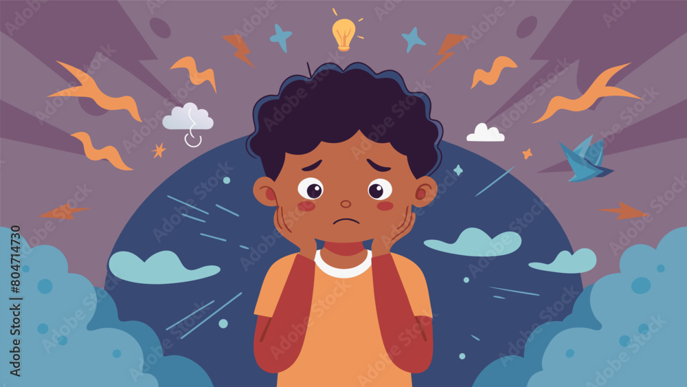 A child with SPD becomes anxious and upset when they are overstimulated and unable to process their environment.. Vector illustration A child with SPD becomes anxious and upset when they are overstimulated and unable to process their environment.. Vector illustration