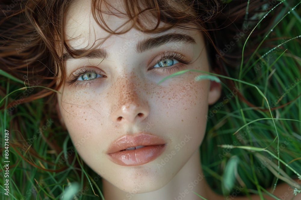 A detailed close-up image showing a woman's face with freckles set against vibrant green grass A detailed close-up image showing a woman's face with freckles set against vibrant green grass