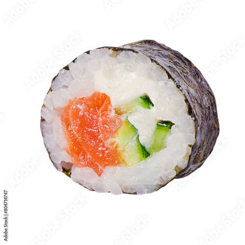 Photo of food roll isolate. Roll with rice, noori seaweed, salmon, cucumber and Philadelphia cheese. © Lesia