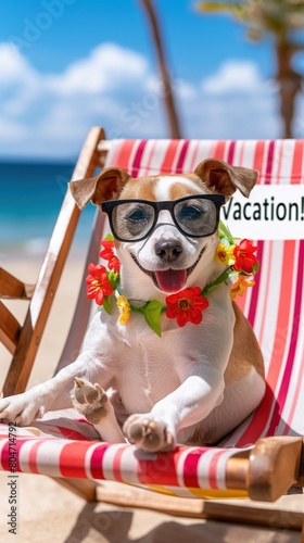 This charming Jack Russell in stylish sunglasses and a colorful lei relaxes on a beach chair, showcasing the perfect summer getaway mood. © Alexandre Patchine