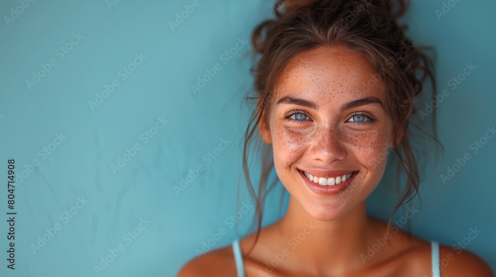 Woman Smiling in Front of Blue Wall Woman Smiling in Front of Blue Wall