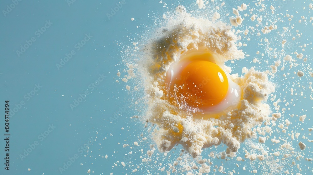 A close-up of an egg in milk and shell on a blue background with water droplets A close-up of an egg in milk and shell on a blue background with water droplets
