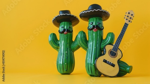 Happy two green cactuses with black moustaches and sombrero standing against yellow background with guitar. Playful decorations for Cinco de Mayo celebration. May 5, federal holiday in Mexico