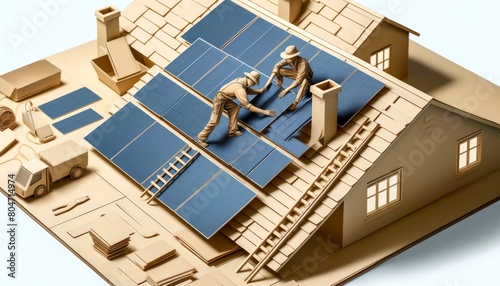 3D Layered Art of Construction Worker and Solar Panel Installation