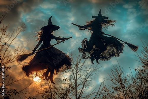 Two silhouetted witches flying on broomsticks across a dramatic sky with a setting sun in the background, evoking a sense of magic and mystery photo