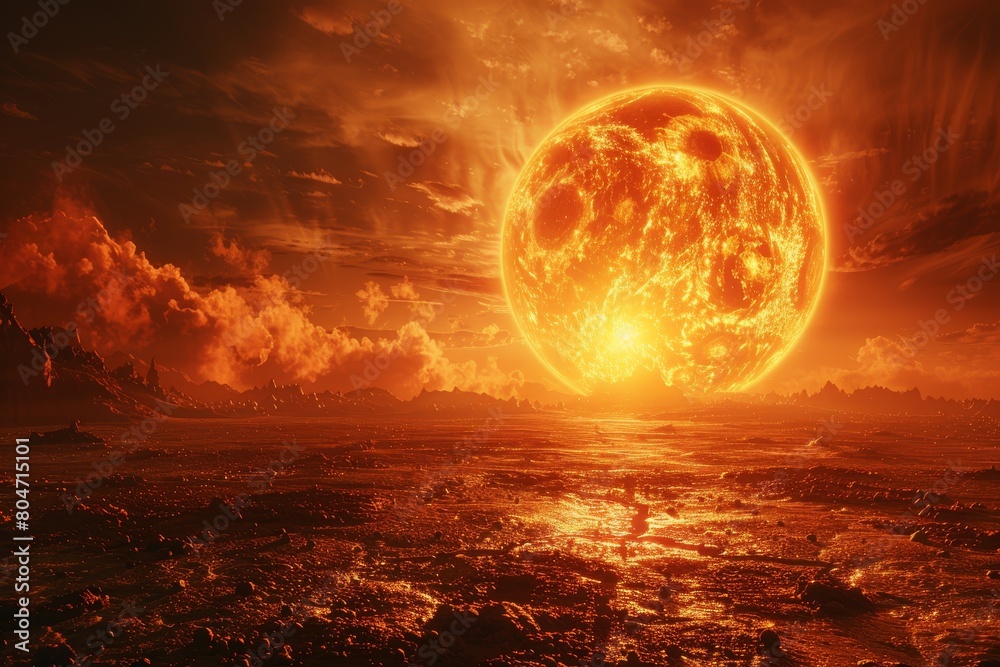 Stunning sci-fi imagery with a massive orange planet on horizon of alien landscape, invoking awe and exploration Stunning sci-fi imagery with a massive orange planet on horizon of alien landscape, invoking awe and exploration