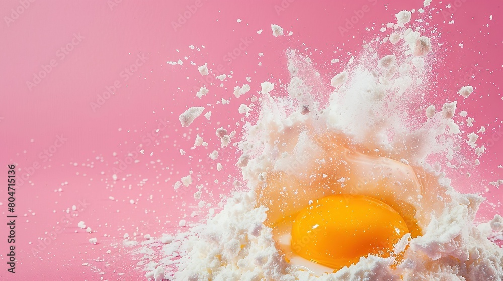 An egg is centered amidst a splash of milk against a pink backdrop, with a pink sky in the background An egg is centered amidst a splash of milk against a pink backdrop, with a pink sky in the background
