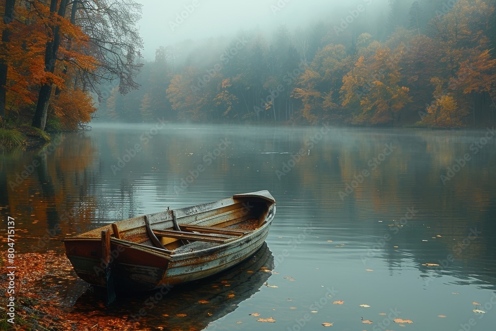 An old, wooden boat rests by a misty lake surrounded by vibrant fall foliage, evoking a calm, serene mood