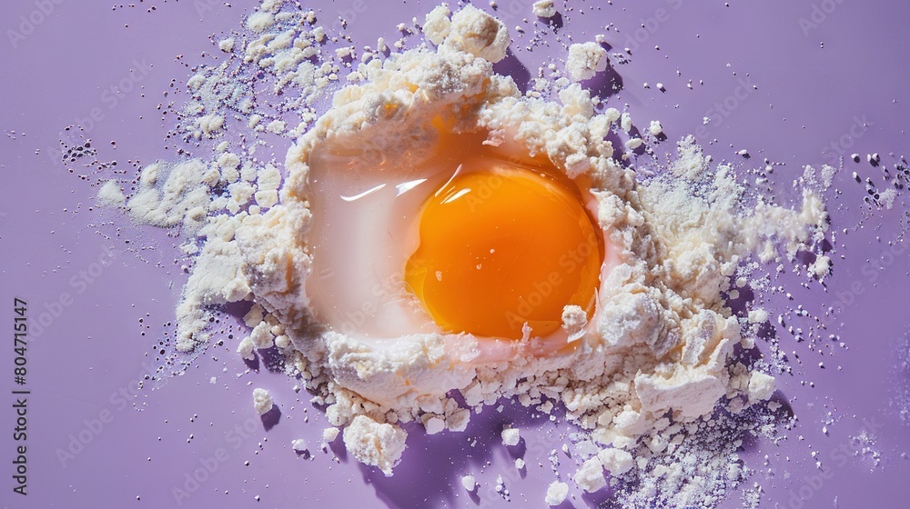An egg sits atop a mound of powdered sugar on a violet background An egg sits atop a mound of powdered sugar on a violet background